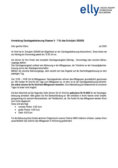 Anmeldeformular Ganztagesbetreuung