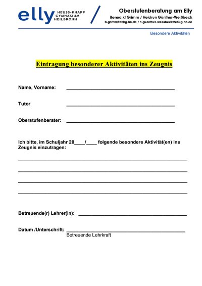 Eintragung besonderer Aktivitäten