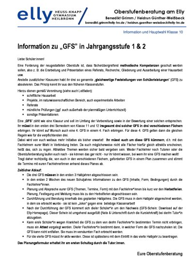 Information zu „GFS” in Jahrgangsstufe 1 & 2