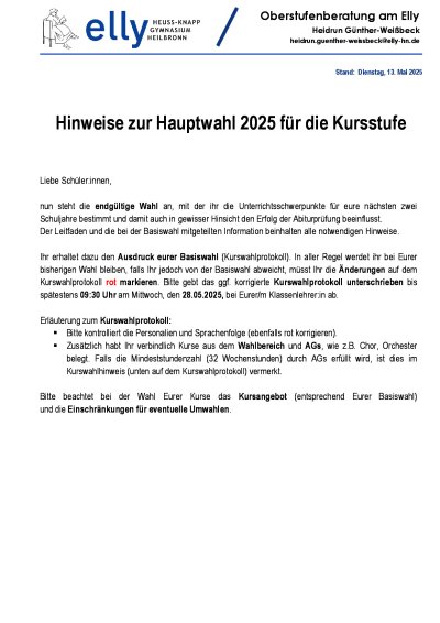 Hinweise zur Hauptwahl Klasse 10